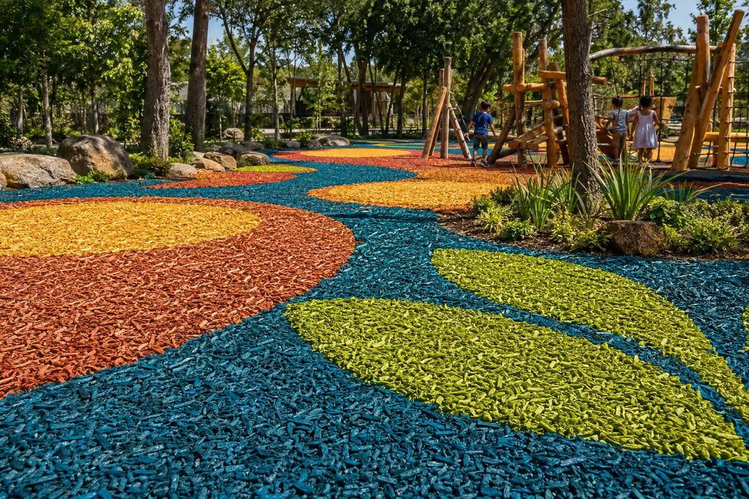 Diseños lúdicos realizados con mulch de madera coloreado en un parque